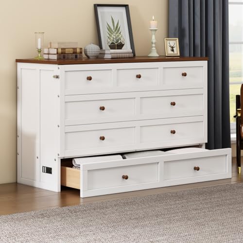 Murphy Bed Cabinet Queen Size with Bookcase and Drawer Bedside Shelves Combo/Charging Station,Space-Saving Foldable Murphy Chest Cube Bed-White