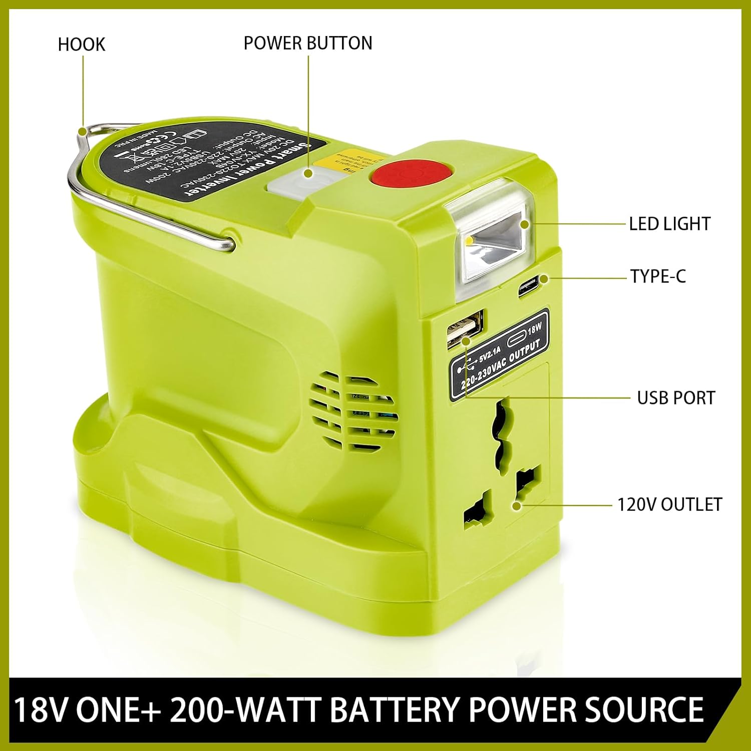 Hipoke Power Inverter for Ryobi ONE+ 18V Li-ion Ni-cad Ni-Mh Battery, 20V to 120V Adapter with USB Port, TYPE-C Port and 280LM LED Light, 200W DC to AC Power Source for Camping Emergency(Tool Only)