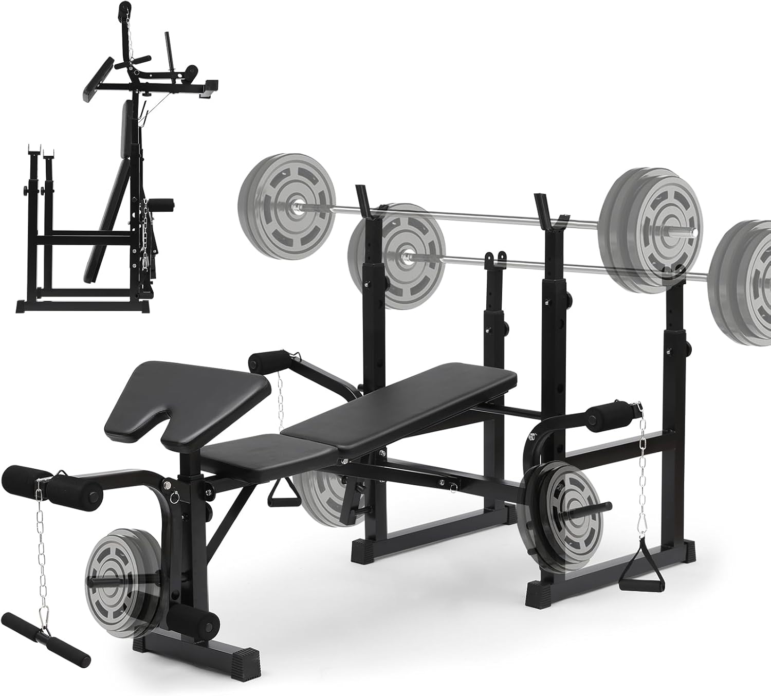 Adjustable Weight Bench Set for Home Gym, Foldable Workout Bench with Bench Press, Squat Rack, Preacher Curl, Leg Extension, Low Row, Chest Expansion, Sit Up for Full Body Exercise, Black