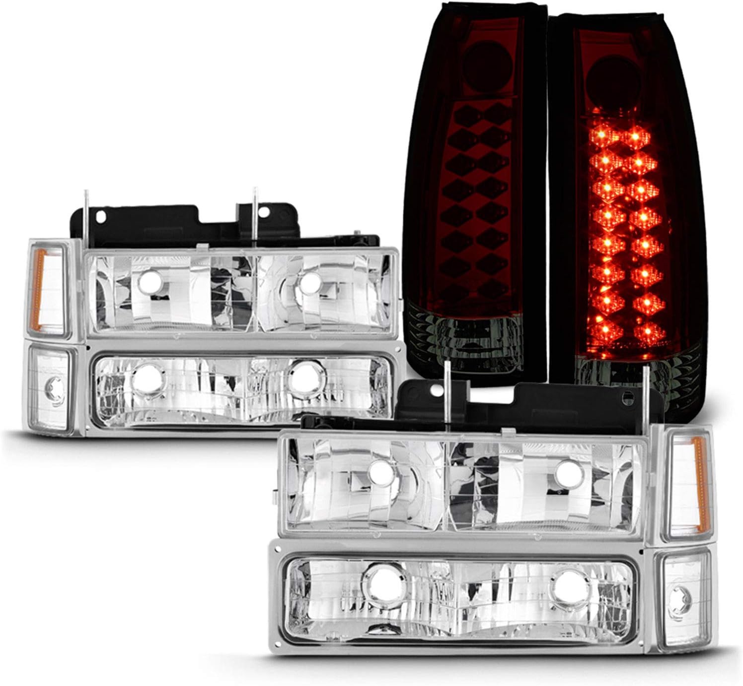 AKKON - Fits 94-98 C/K 1500 2500 3500 Tahoe Suburban Chrome Headlights + Corner + Bumper Signal Lamp + LED Red Smoked Tail Light