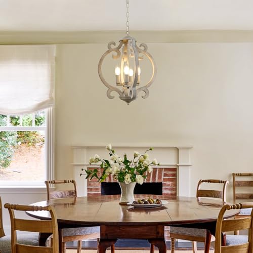Antique White Farmhouse Chandelier Rustic Wood Pendant Light, 5 Lights 17 Inch French Country Chandelier Cottage Orb Chandeliers Hanging for Dining Room Kitchen Island Bedroom Foyer