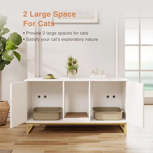 Fienveorn Cat Litter Box Enclosure for 2 Cats, 47.6’’ Litter Box Furniture Hidden with Cat Scratch Pad, Double Room Large Cat Cabinet, Indoor Cat House TV Stand Side Table,Cat Washroom