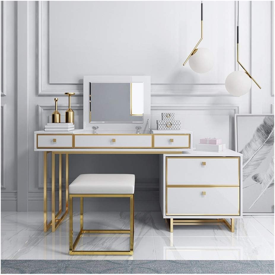 Vanity Table Set Wooden Make Up Table,Large Sliding Drawers Makeup Dressing Table with Cushioned Stool