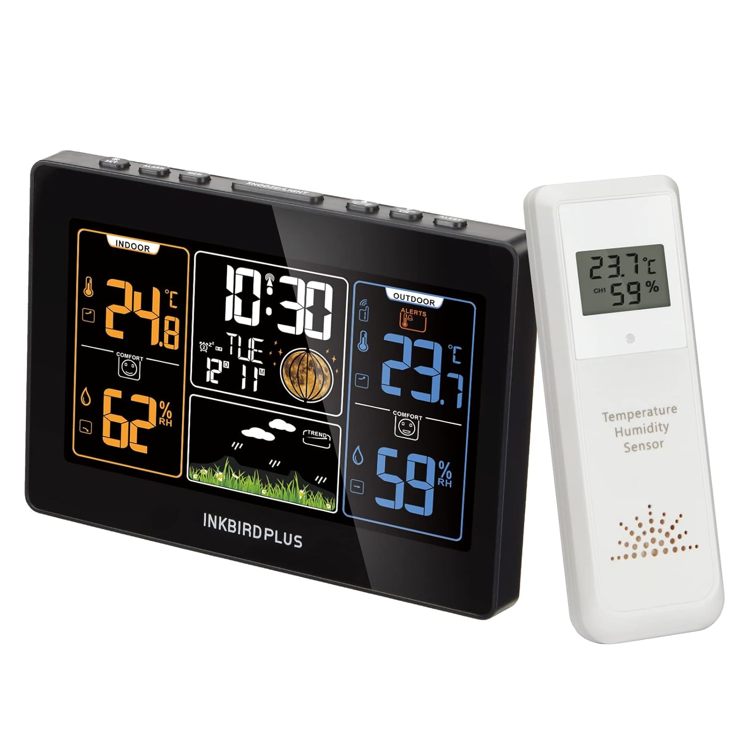 INKBIRDPLUS Home Weather Station Wireless Indoor Outdoor, Digital Thermometer and Hygrometer Weather Forecast Station with FCC Radio Clock, Temperature Humidity Alarm & Color LCD