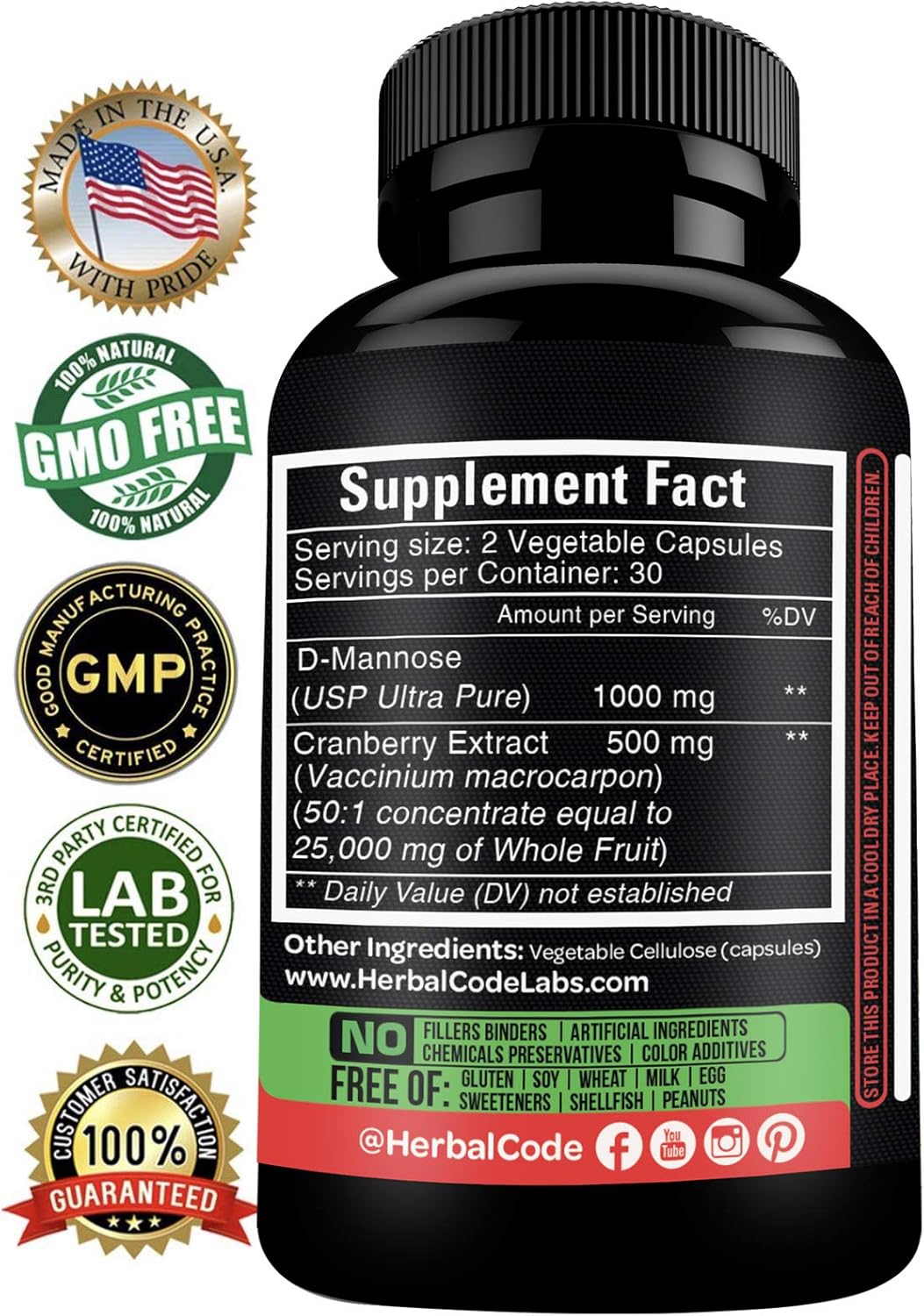 D-Mannose with Cranberry Extract Capsules 1500mg Super Strength Pills – Fast-Acting UTI Urinary Tract – Bladder Health Supplement