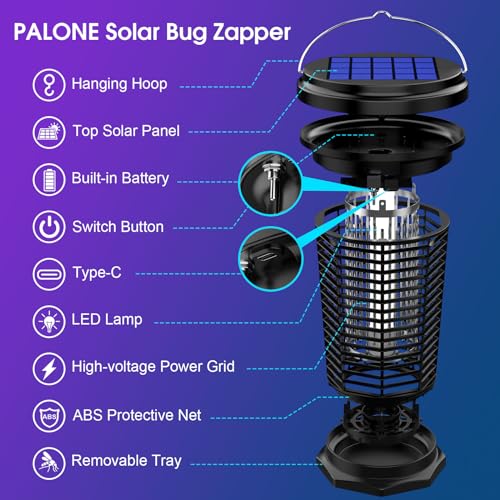 Solar Bug Zapper for Outdoor & Indoor, USB Rechargeable Mosquito Killer Lamp with UV Light, 4500V Electric Fly Traps, 5.5W Insect Zapper for Patio, Home, Backyard, Garden, Camping