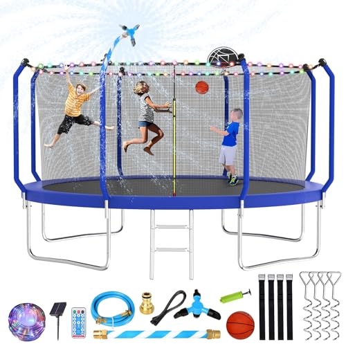 Upgraded 8FT/10FT/12FT/14FT Trampoline, Outdoor Trampoline with Basketball Hoop, Backyard Trampoline with Light, Sprinkler, Stakes, Capacity for 4-6 Kids and Adults