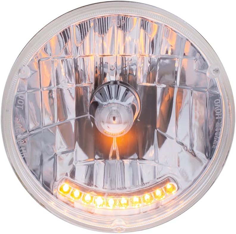 United Pacific 7-inch Halogen Crystal Headlight w/10 Amber LED Position Lights, Multi-Faceted, Anti-Vibration, Aluminum Reflector - One Headlight Unit