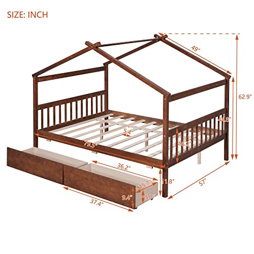 Solid Wood Platform Bed for Kids Boys Girls, Twin Size House-Shaped Headboard Bed with Fence Guardrails, Drawers and Built-in Shelves (White/Drawers*H)