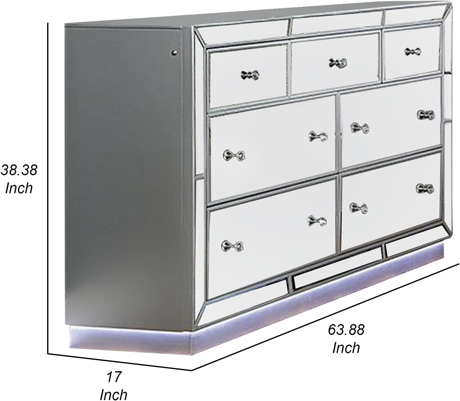 Benjara Donna 64 Inch Wide Dresser Chest, LED Lights, Silver and Mirror Finish