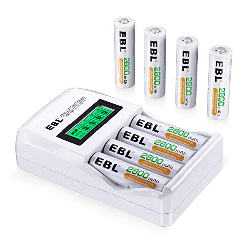 EBL Rechargeable AA Batteries with LCD Battery Charger, 8 Pack of 2800mAh High Capacity Ni-MH AA Rechargeable Battery and Smart Independent Solt Battery Charger