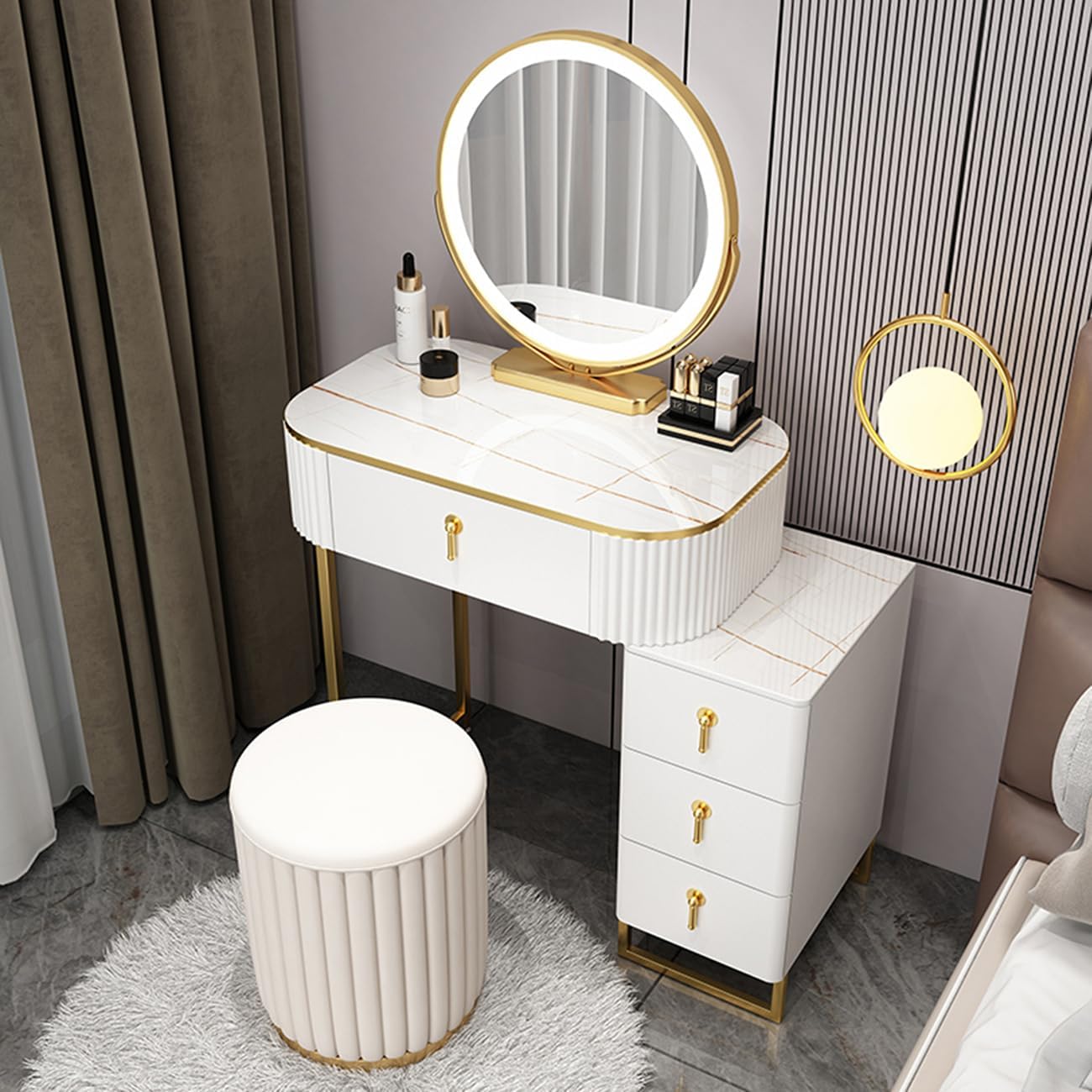 Small Vanity Desk Set with LED Smart Makeup Mirror, 3 Lighting Modes Adjustable Brightness, New Makeup Experience Dressing Table with Chair, Bedroom Vanity Table for Her
