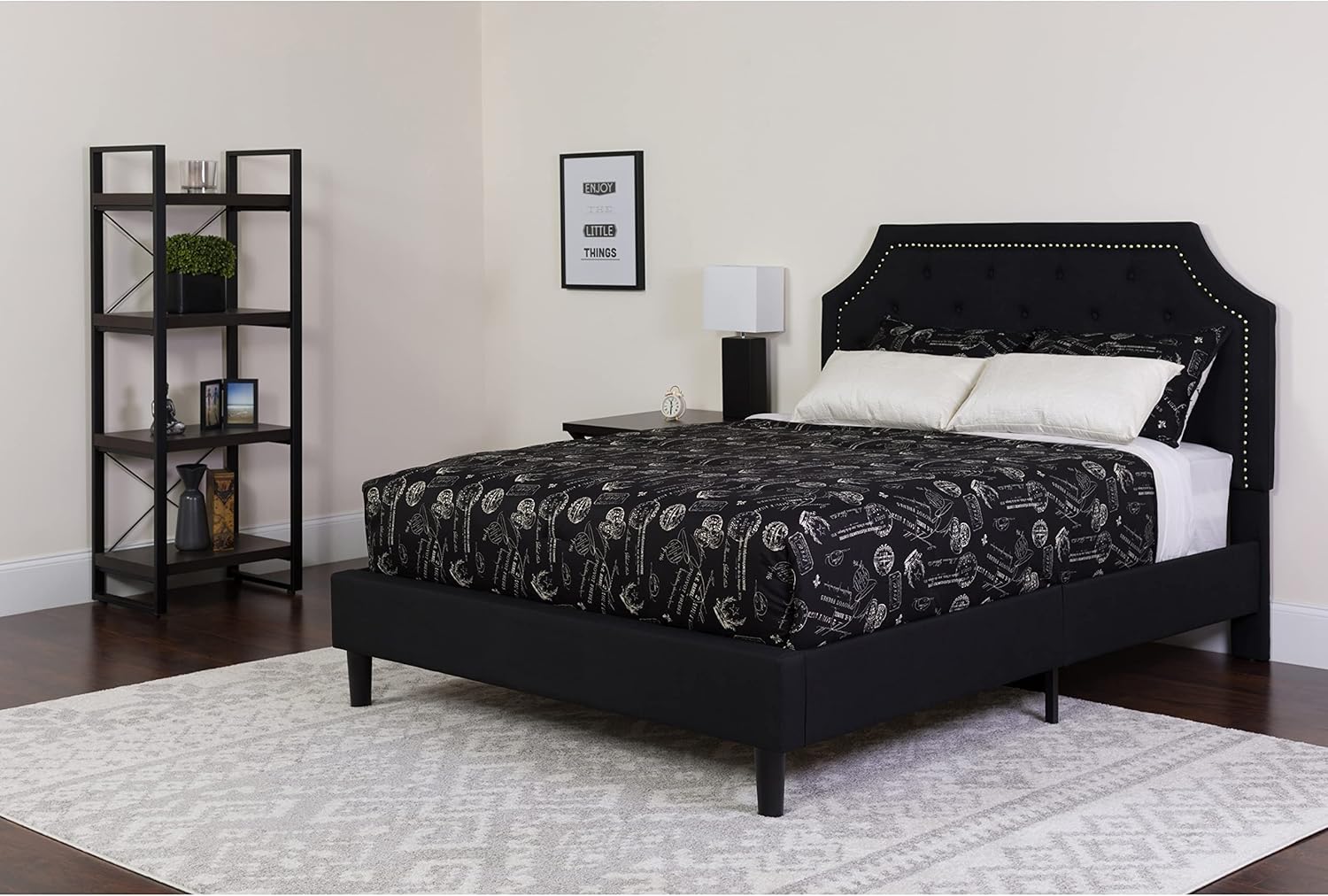 Flash Furniture Brighton Queen Size Tufted Upholstered Platform Bed in Black Fabric with Memory Foam Mattress