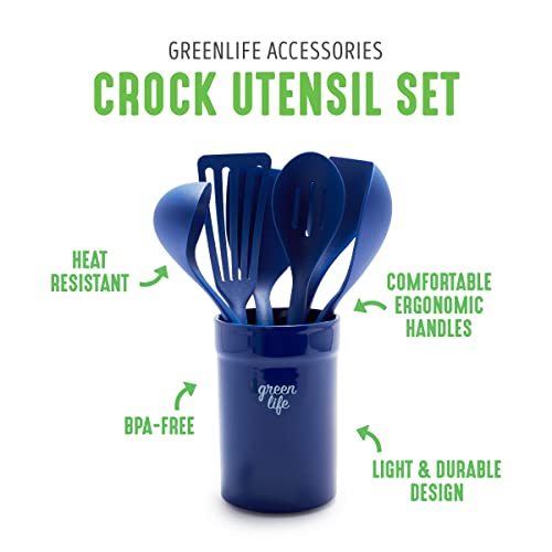 GreenLife Cooking Tools and Utensils, 7 Piece Nylon and Wood Kitchen Set with Ceramic Crock Holder, Heat Resistant Spatula and Spoons, BPA-Free, Pink