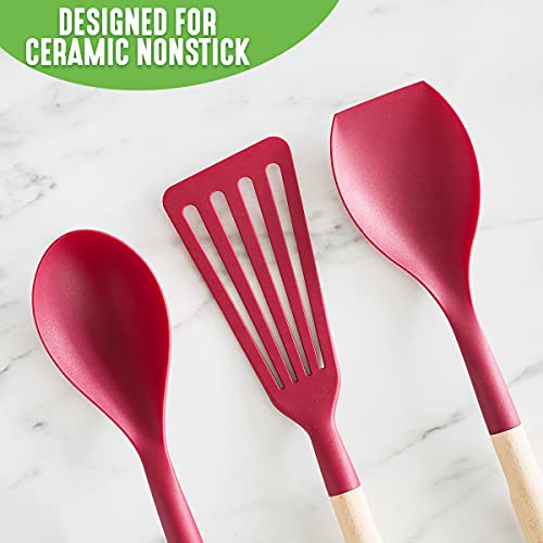 GreenLife Cooking Tools and Utensils, 7 Piece Nylon and Wood Kitchen Set with Ceramic Crock Holder, Heat Resistant Spatula and Spoons, BPA-Free, Pink