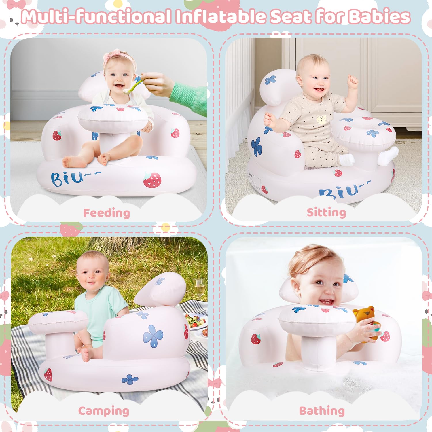 Inflatable Baby Seat for Babies 3 Months and Up, PAKOO Baby Support Seat Toddler Chair for Sitting Up, Blow Up Baby Chair Floor Seater with Built in Air Pump (Strawberry)