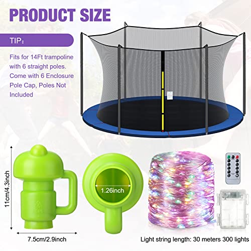 Breathable Trampoline Net Replacement 6 Poles Safety Enclosure Net with Remote LED Battery String Lights, 6 Pcs Enclosure Pole Cap for 6 Straight Poles Round Frame Trampoline