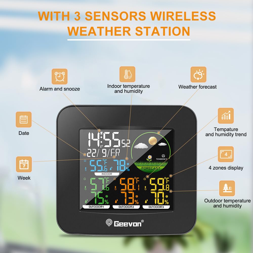 Geevon 8266w3-TX16-2 Weather StationWireless Indoor Outdoor Thermometer Multiple Sensors, Color LCD Display Digital Weather Thermometer with Alarm Clock, Calendar and Adjustable Backlight