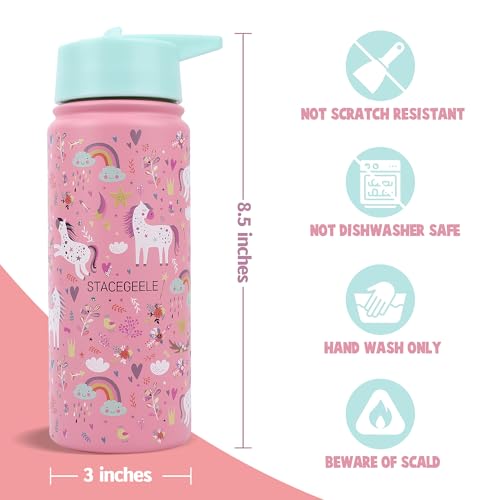 STACEGEELE Insulated Vacuum Water Bottle for Kids with Straw Lid Stainless Steel Flask Thermos for Boys and Girls Leak Proof Lightweight Eco Friendly 18oz(550ml),lavender