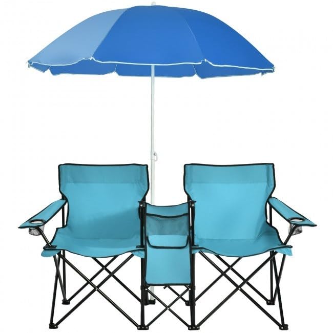Double Camping Chair Outdoor Folding Chair Loveseat for Festivals, Beach Days Portable 2-Person Seat with Removable Umbrella with Cooler Bag & Cup Holder, 250lbs Weight Capacity per Chair (Grey)