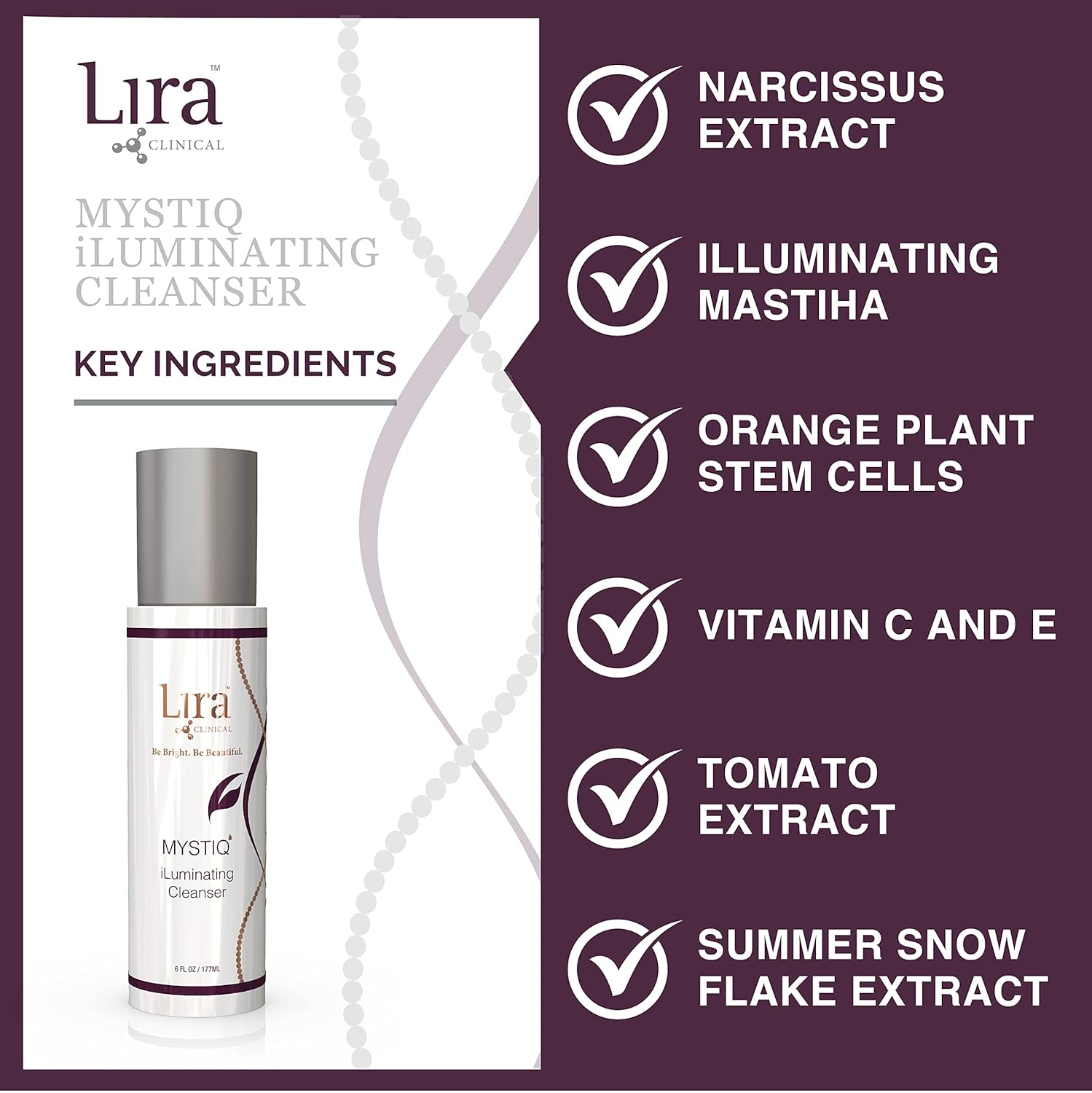 Lira Clinical Mystiq iLuminating Cream Cleanser - Gentle Hydrating Facial Wash with Plant Cells, Tomato Extract, Vitamin C & E - 6 fl oz