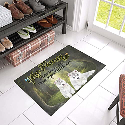 Husky Lovely Puppy Drawing In The Forest My Family Owned By Huskies Doormat, Meaningful Gift For Husky Dog Lover, Home Decor Gift For Husky Owner Anti-Slip Lovely Decor Doormat Entrance/Indoor/Outdoor