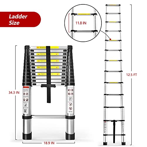 12.5 FT Telescoping Ladders Heavy Duty Aluminum Collapsible Ladder Load Bearing 330 LBS Extension Ladders Applicable to Household Use Outdoor Work