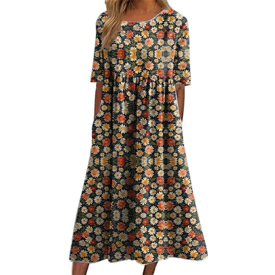 Womens Tunic Comfy Summer Dress Maxi Floral Short Sleeve with Pockets Lounge Loose Fitting T shirt Dresses