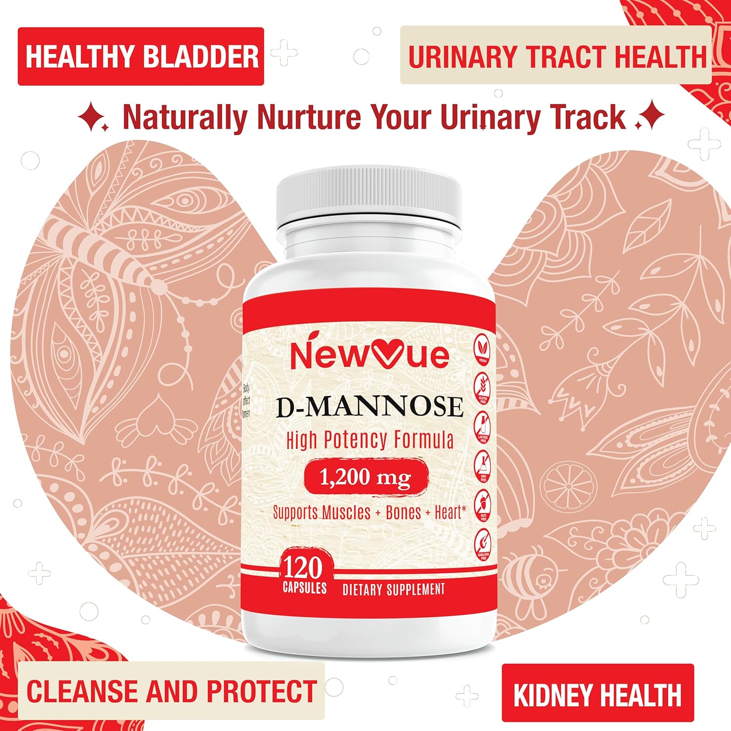 D-Mannose 1,200 mg Fast-Acting, Flush Impurities, Natural Urinary Tract Health- 120 Veggie Capsules by New Vue