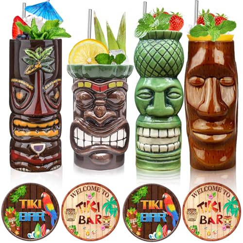 Tiki Mugs Set of 4 – Ceramic Hawaiian Party Mugs Drinkware, Tiki Bar Mugs for Cocktails, Premium Tropical Cups Drinks for Exotic Party