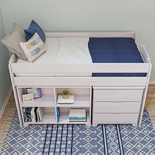 Max & Lily Modern Farmhouse Low Loft Bed, Twin Bed Frame for Kids with Hook-on Desk, White Wash