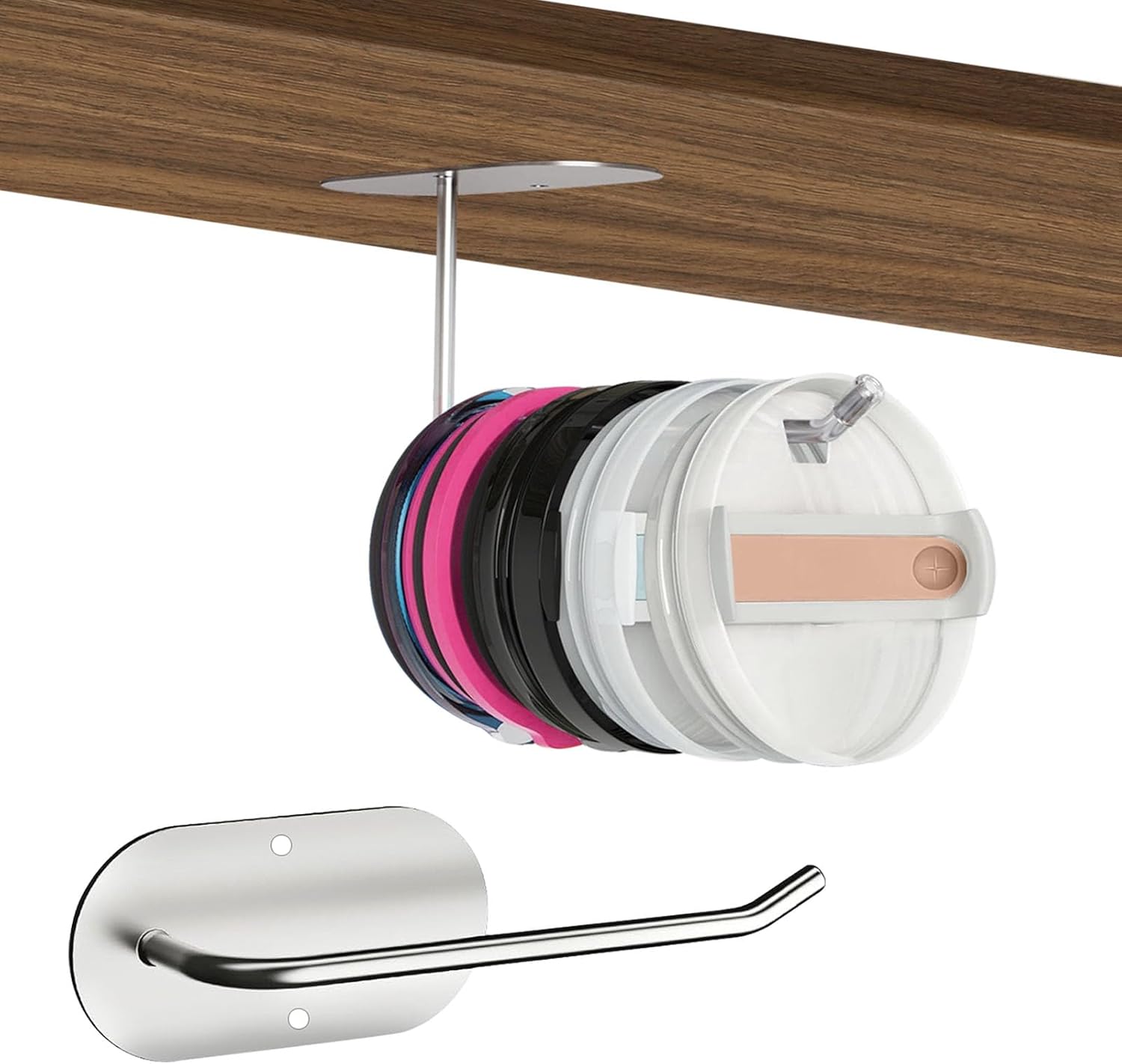 Tumbler Lid Organizer, Cup Lid Organizers Inside Cabinet for Yeti Tumbler/Stanley Tumbler Lids, Space Saving Cup Lid Holder and Hook for Kitchen Storage, Silver