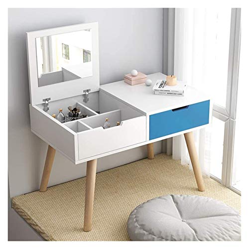 Luxury Dressing Vanity Table w/Stool for Bedroom, 2-in-1 Vanity Table with Flip Top Mirror Makeup Dressing Table Mini Writing Desk with Drawers, Makeup Organizers(White Yellow-a)