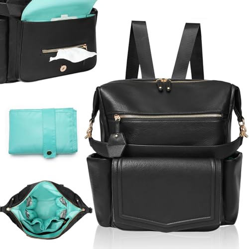 MOMINSIDE Diaper Bag Backpack with 14 Pockets, Leather Baby Bag, Convertible Hobo Backpack, Large Diaper Bag Tote, 6 Bottle Pockets, Wipes Pouch, Insulated Pockets (Brown)