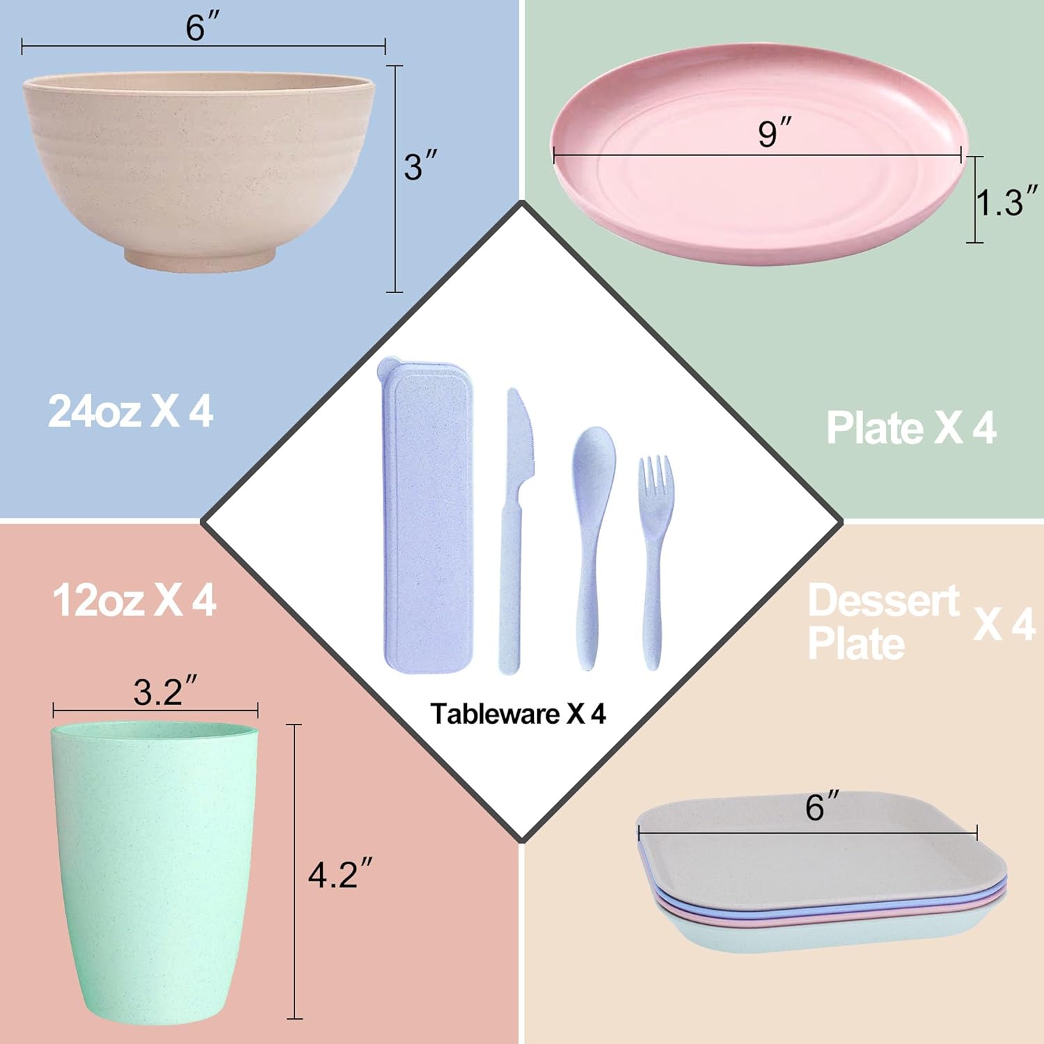 Unbreakable Wheat Straw Dinnerware Sets of 4, Farielyn-X Lightweight Bowls with Plates, Cups, Knives, Forks and Spoons for Camping Picnic, Dishwasher Microwave Safe Plates and Bowls sets, Kids & Adult