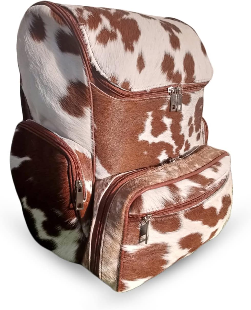 Real Cowhide Backpack Bag Cowhide Diaper Bag Travel Daypack Bag Hold all Backpack Multi Pockets | Brown and White Backpack Bag