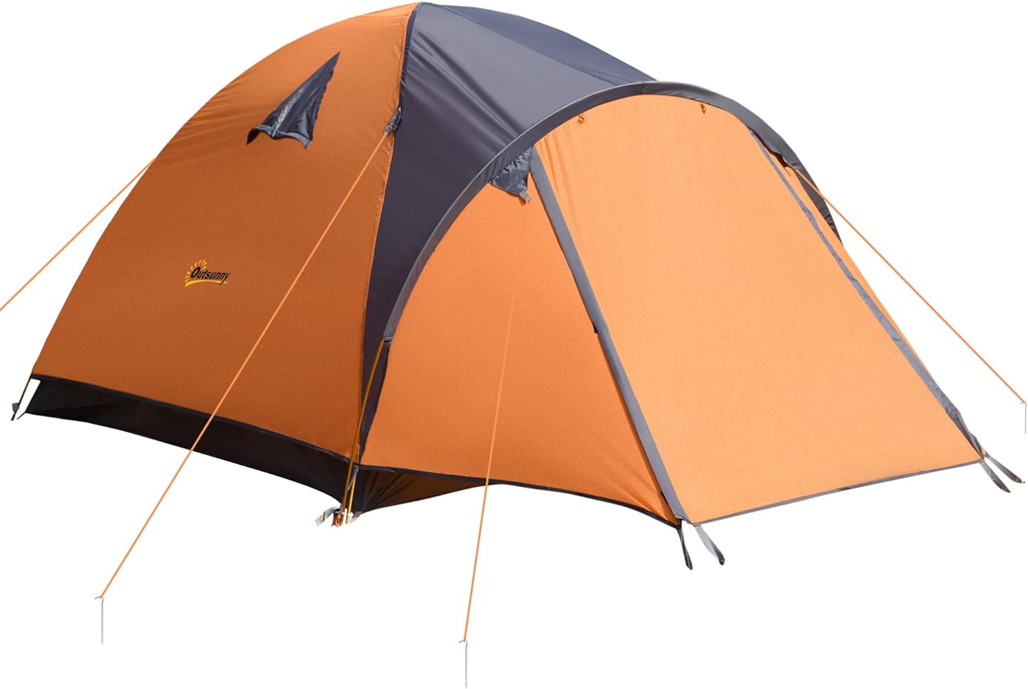Outsunny Camping Tent with Porch for 4 People, Compact Portable Travel Camping Gear with 3 Doors, Outdoor Dome Tent for Backpacking Hiking or Beach with Windows, Carrying Bag, Orange