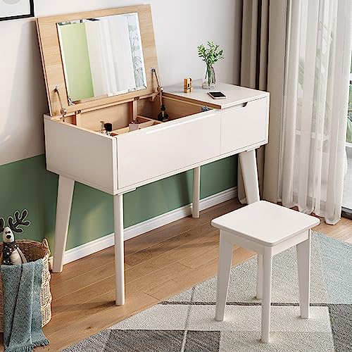 Solid Wood Dressing Table, Mini Minimalist Small House, Flip Top Storage Makeup Table Mirror, Bedroom Furniture with Drawers and Sorting Storage Compartments