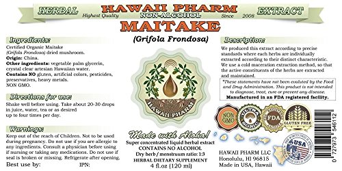 Hawaii Pharm Maitake Alcohol-FREE Liquid Extract, Organic Maitake (Grifola Frondosa) Dried Mushroom Glycerite Natural Herbal Supplement, USA 2oz