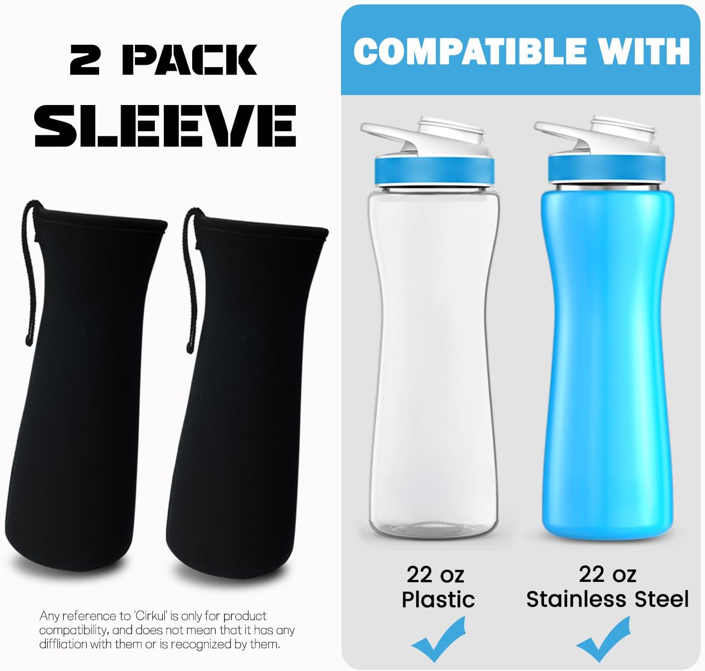 2Pcs Sleeve for Cirkul Water Bottle, Neoprene Hand Strap Design Compatible with Cirkul Sleeve 22oz Plastic & Stainless Steel Bottles, Water Bottle Sleeve for Cirkul Water Bottle Accessories