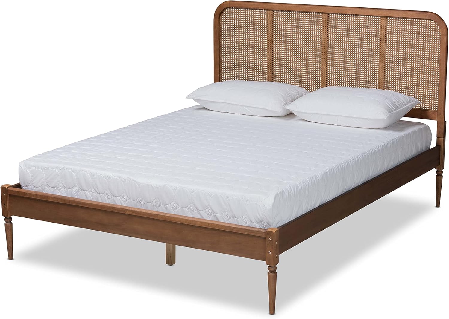 Baxton Studio Elston Mid-Century Modern Walnut Brown Finished Wood and Synthetic Rattan King Size Platform Bed