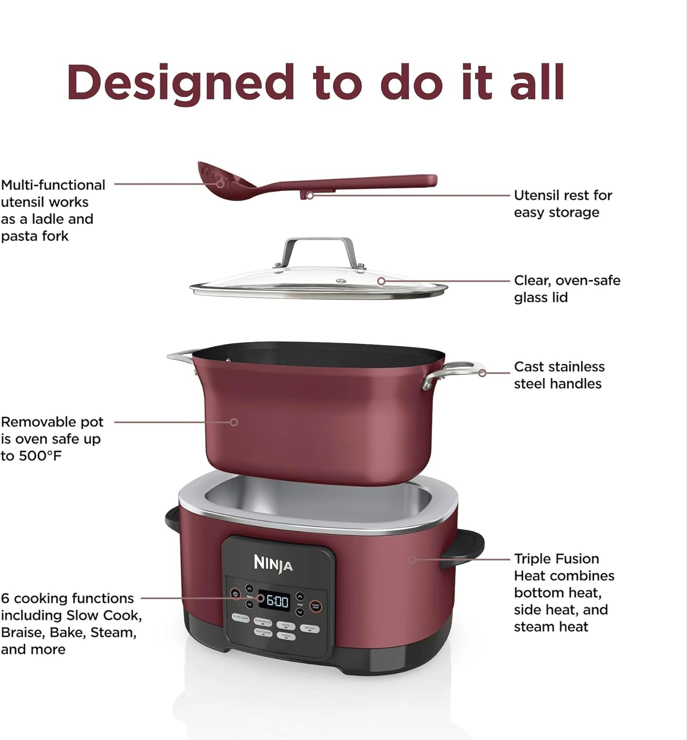 Ninja Foodi Possible Cooker 8.5qt Multi-Cooker, Cherry Red, MC1000WM, LARGE