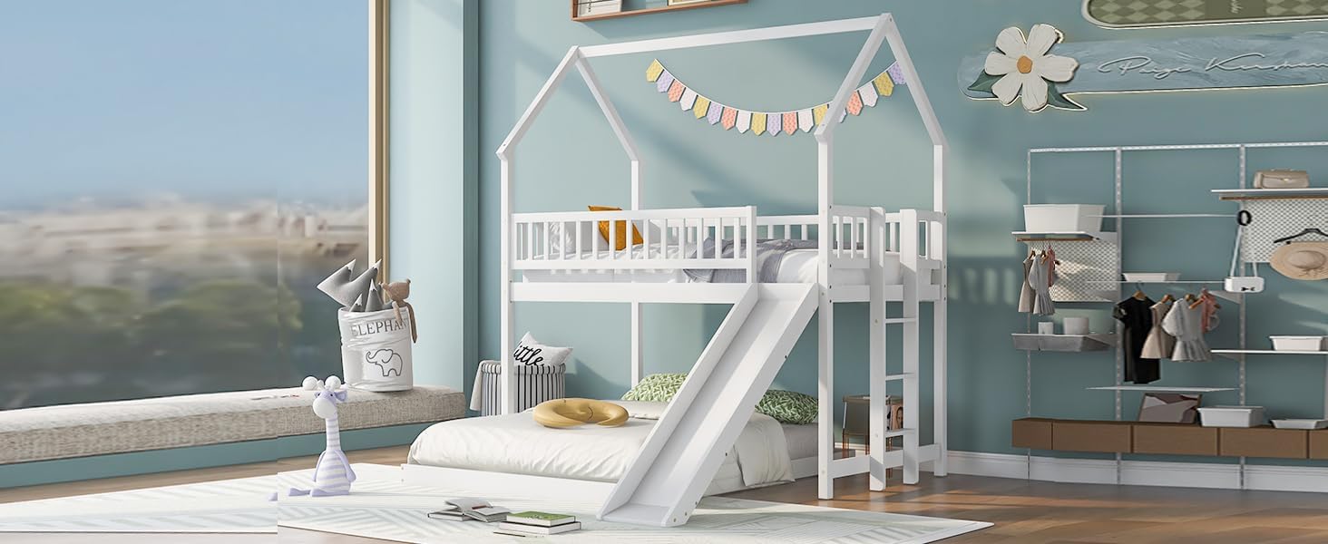 Twin Over Full House Bunk Bed with Slide and Built-in Ladder, Full-Length Guardrail, White