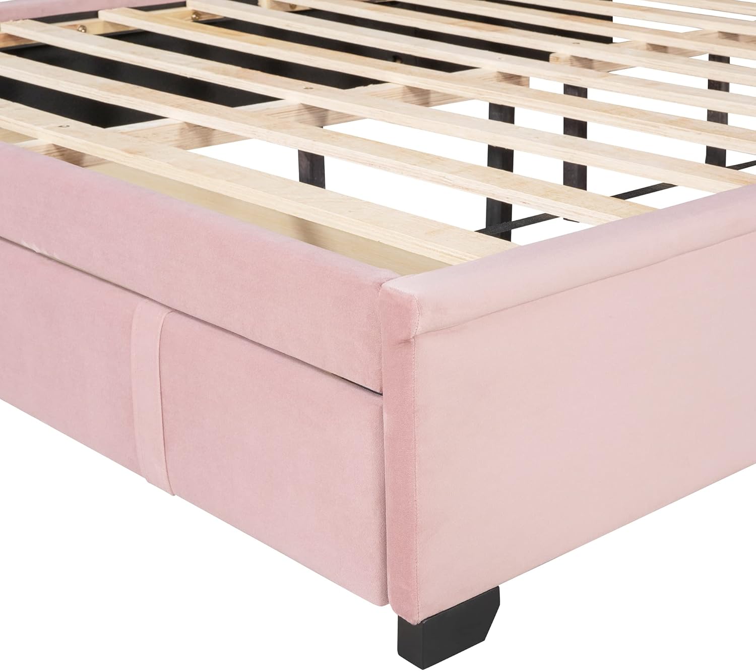 Bellemave Queen Bed Frame with Storage Drawer, Velvet Upholstered Storage Bed with Button Tufted Headboard, Wingback Platform Bed Queen Size, Pink