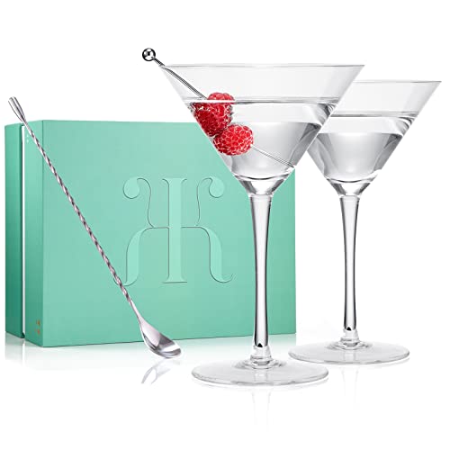 Martini & Champagne Coupe Glasses Set of 2 with Silver Spoon | 10oz | Crystal Luxury, Premium Hand-Blown | Classic Cocktail & Glass Coupes For Manhattan, Cosmopolitan, Sidecar, Speakeasy Goblets