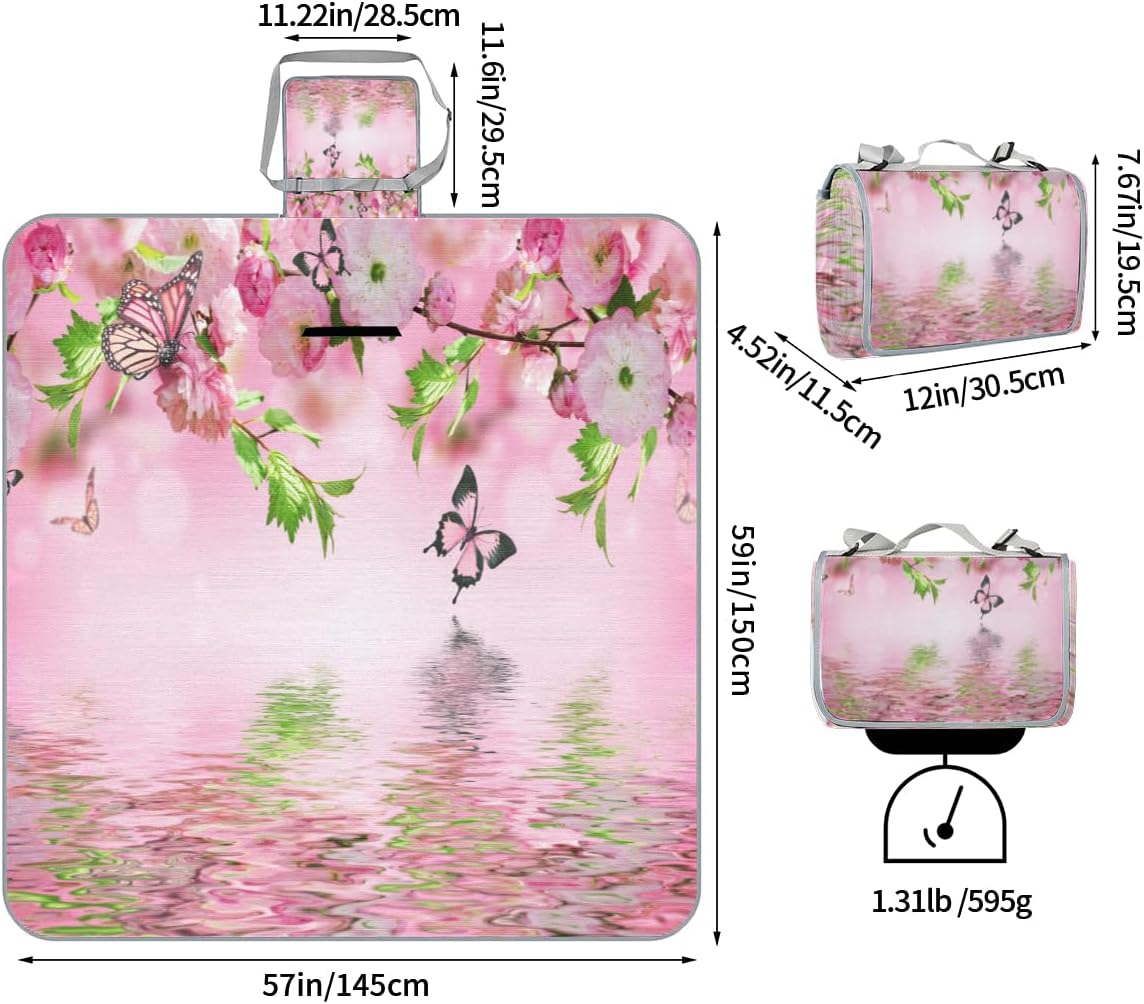 Picnic Blankets 57”x 59”, Colorful Butterfly Cherry Blossoms Waterproof Sandproof Picnic Mat Lightweight Foldable Beach Blanket for Camping Park Grass Beach Outdoor Blanket