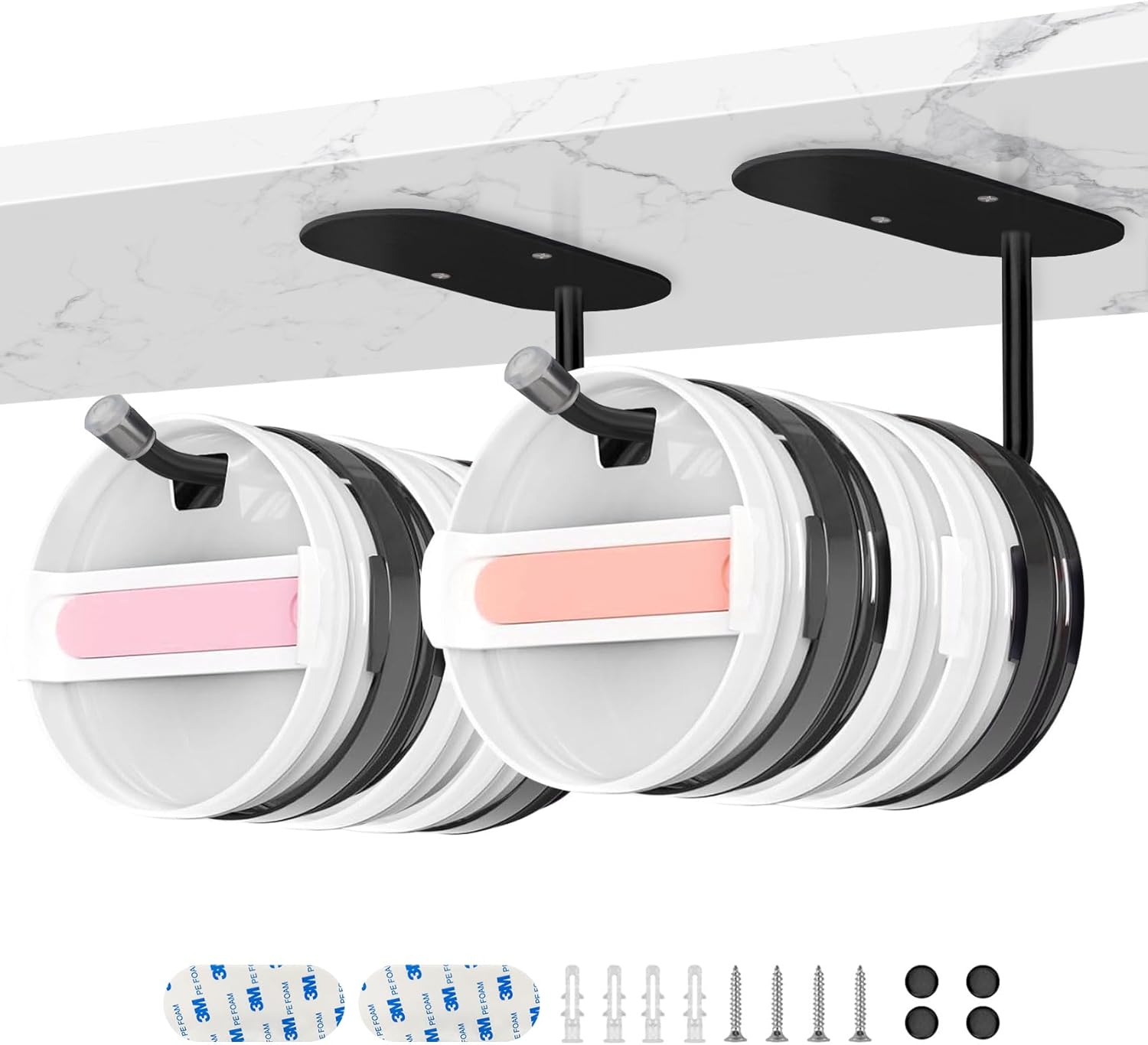 2 Pack Tumbler Lid Organizer, Stainless Steel Hook for Stanley Lid/Yeti Lid/Owala Lid, Space Saving Mug Lid Hooks for Kitchen Organizers and Storage, Self-Adhesive or Drilled （Black）