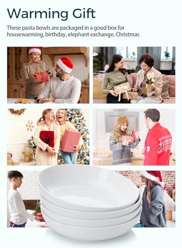 Teocera Pasta Bowls, Large Salad Bowls, Porcelain Bowl Set, Wide and Shallow, Microwave and Dishwasher Safe, 35 Ounce - Set of 4, Turquoise