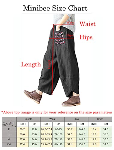 Minibee Women's Baggy Linen Wide Leg Trousers Casual Patchwark Elastic Waist Harem Pants