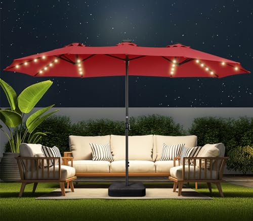 Double Sided Patio Umbrellas - 15ft Solar Lights LED Lighted Outdoor Extra Large Market Table Umbrella with Base Included, Oversized Umbrella for Deck, Pool, Backyard